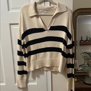 Velvet by Graham & Spencer Cream and Black Striped Collared V-Neck Sweater